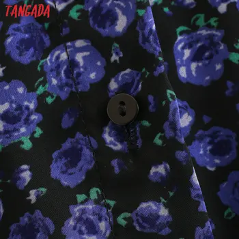 Tangada Módní Ženy Volánky modré Květinové Tisk Šaty Košile Zase Dolů Límec Mesh Patchwork Dlouhý Rukáv Vintage Vestidos 2XN166