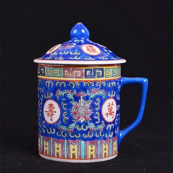 Tradiční Čínská Jingdezhen Ceramic Modrý a Bílý Porcelán Hrnek Červený/Modrý/Žlutý Čaj Pohár s Víkem Sklenice 300ml