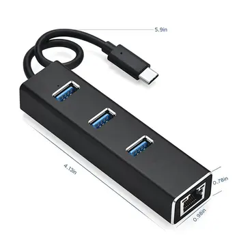 Typ-c 3.0 HUB + Gigabit Hub 3 Porty USB 3.0 Gigabit Ethernet LAN Rj45 Síťový Adaptér, Rozbočovač na 1000mbps