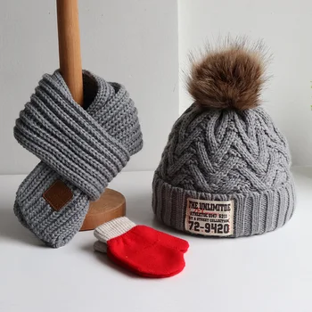 Tři-kus podzim/zima pro děti svetr čepice pro chlapce a dívky, tlumiče, rukavice, pro nemluvňata s tlusté teplé pletené jumper