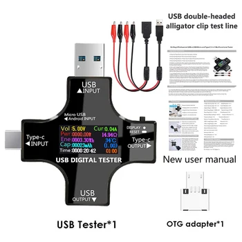 USB C Tester,2 v 1, Typ C USB Tester Barva Sn IPS Digitální Multimetr,Napětí,Proud,Výkon,Odpor,Teplota,s Klipem