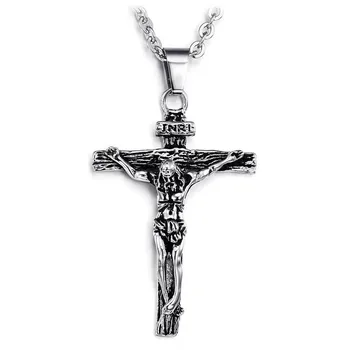 Vintage INRI Ježíš Náhrdelník Kříž Přívěsek pro Muže, Chlapce z Nerezové Oceli s Dlouhým Řetězcem Krista Náhrdelníky Mužské Šperky