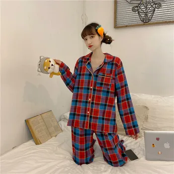 Vícebarevná kostkovaná pyžama nastaví ženy zase dolů límec pyjama jaro podzim ženské Dlouhý Rukáv pyžama oblečení pro volný čas oblečení na spaní L030