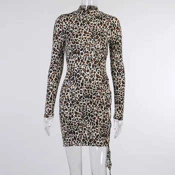 WJFZQM Obvaz Bodycon Mini Šaty Pro Ženy Duté, Dlouhý Rukáv Vysoká Krk s hlubokým Výstřihem Hubená Party Móda Leopard Tisk Šaty