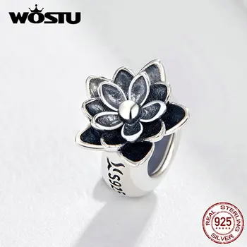 WOSTU Originální Černý Smalt Lotosový Květ Silikonové Korálky, 925 Sterling Silver Fit DIY Kouzlo Náramek Šperky FIC1196