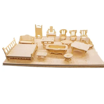 WOTT Dřevěné 3D Puzzle DIY Měřítku Miniaturní Modely Panenka Dům Dollhouse Nábytek Sada Příslušenství
