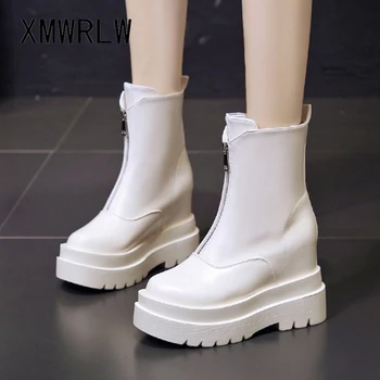 XMWRLW PU Kůže Podzim Ženy Boty Módní Zip, Vysoké Podpatky Boty Pro Ženy Podzimní Boty 2020 Dámské Mid-Tele boty Ženy Boty