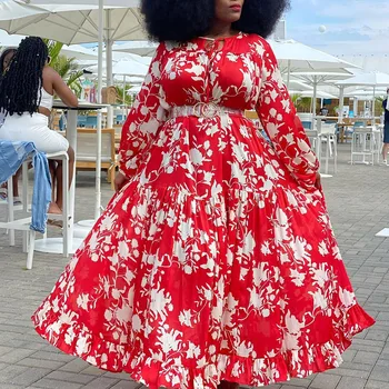 Červená Květinové Tisk Ženy Šaty Oversize 5XL Line Boho Ležérní Dlouhý Rukáv Jaře Roku 2020 Maxi Dlouhé Šaty Plus Velikosti Africké