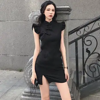 Čínský Letní Krátké Cheongsam Šaty Split Ženy Tradiční Oděv Létání Rukáv Gotický Sexy Párty Retro Šaty Qipao