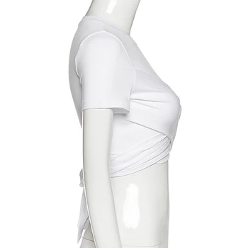 Ženy Letní Bílé Sexy Kolem Krku Top Obvaz Slim Fit Krátké Pupku T-košile