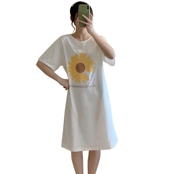 Ženy Ležérní Bavlněné Noční Oblečení Noční Košile Ženy Print Slunečnice Měkké Stručný Sleepshirts Noční Košile Noční Košile Oblečení Na Spaní 2020 Létě