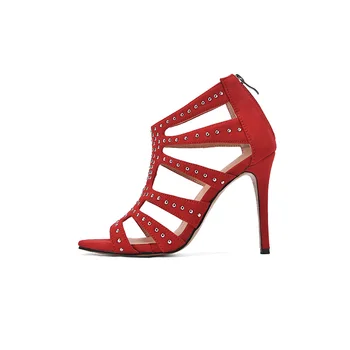 Ženy Sandály Módní Stádo Červené Gladiator Tenké Vysoké Podpatky Femmes Sandales Zip Přední Zadní Popruh Strany Boty Plus Velikosti 35 45 52