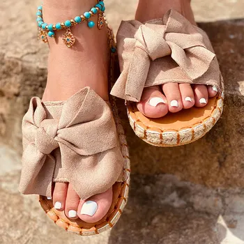 Ženy Šití Plážové Pantofle Hemps Podpatky Žena Boty Létě Bowknot Dámské Sandály Candy Barevné Ležérní Ženy Ploché Snímky 2021