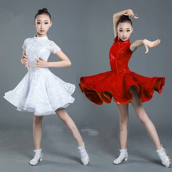 2019 Krajky Děti Nejnovější Sexy Společenské Šaty Tango Salsa Latin Taneční Šaty Děti Červené Krajkové Šaty Pro Dívky S Dlouhým Rukávem