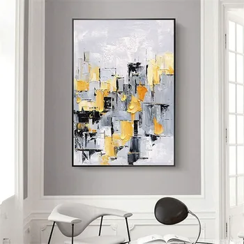 2019 Nové Ruční Kreslení Abstraktní Černá bílá šedá žlutá Malba Krajiny Umění Zdi Obraz Pro Obývací Pokoj Abstraktní Obrazy