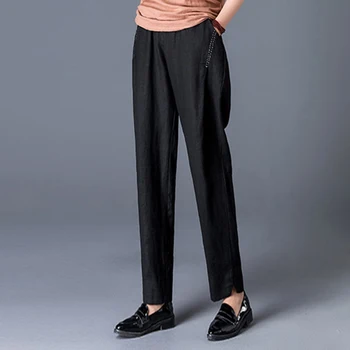 2020 Jaro Léto Nové Umění Styl Ženy Elastický Pás Harem Kalhoty Plus Velikost Vintage Bavlněné Povlečení Volné Ležérní Kalhoty S879