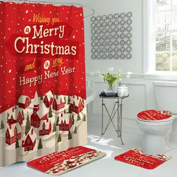 2020 Nový Veselé Vánoce Sprchový Závěs Sada Koupelna Mat Sada Vodotěsné Sprchový Závěs Wc Kryt Non Slip Rug Vánoční Výzdoba