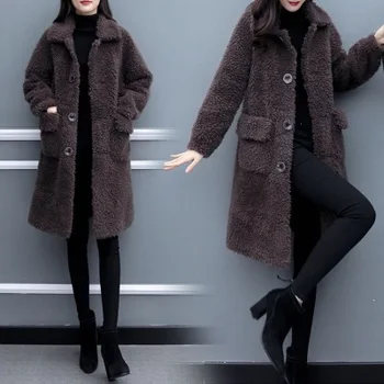 2020 Ženy Bunda New Mid-Délka Tlusté Teplé Jehněčí Kožešiny Zimní Kabát Velké Velikosti Dlouhý Rukáv OL Streetwear