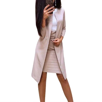 2ks Office Lady Podzim Plná Barva Dlouhé Sako Bunda Bodycon Mini Sukně Oblek Ideální pro kanceláře, obchodní formální dokonalé dárky