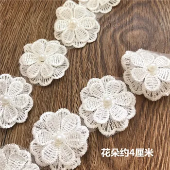 2Meters/lot Organza Bílá Krajka Nail Pearl 3D Krajka Květina Svatební Šaty DIY Ručně vyráběné Dekorace Doplňky RS2950