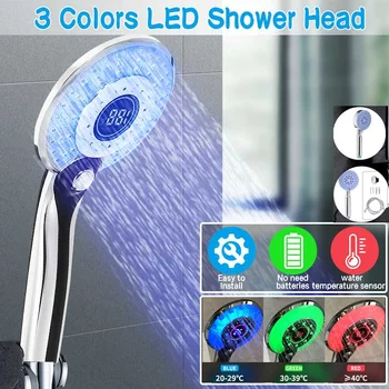 3-barevné LED Sprcha Head, Digitální LCD Displej, regulace Teploty Sprchová hlavice S tekoucí Vodou