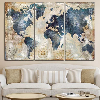 3Panel Akvarel Mapa Světa Modulární Malování Plakáty a Tisky na Plátně Skandinávské Cuadros Umění Zdi Obraz Pro Obývací Pokoj