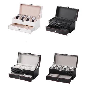 4 Rošty Double Layer Watch Box Carbon Fiber PU Hodinky Případ Krabice Držitel Organizátor Šperky Box pro Svatební Dekorace Nejlepší Dárek