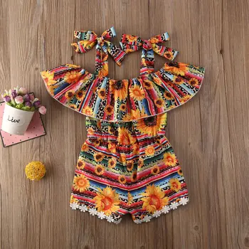 Baby Letní Oblečení Děti Dítě Chlapci Dívky Slunečnice Nabíranou Střapcem Rompers Kombinézy Oblečení Květina Dovolenou Oblečení Overaly