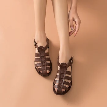 BeauToday Ženy Sandály Originální Hovězí Kůže Ploché Pata Spony Popruh Top Kvalitní Dámské Letní Boty Ručně Vyráběné 33009