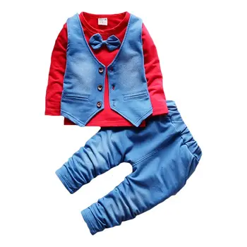 BOTEZAI Dítě Chlapci Podzim Ležérní Oblečení Set Baby Děti Tlačítko Dopis Luk Oblečení Sady Zlato T-Košile + Vesta + Kalhoty 3-Kus