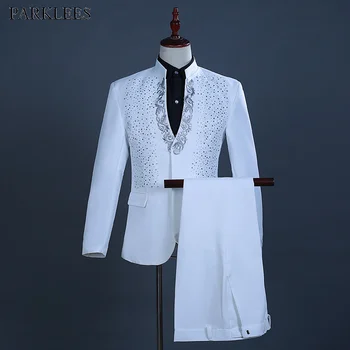 Bílé Vyšívané Diamond Muži Svatební Oblek Ženicha Tuxedo Obleky Pánské Stand Límec Ples Jevištní Kostýmy Pánské Obleky s Kalhoty Ternos