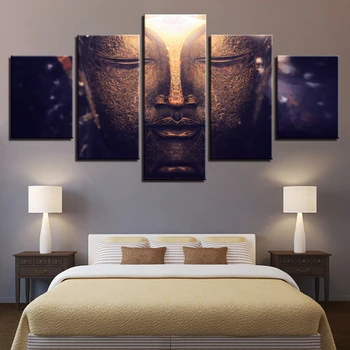 Canvas HD Tiskne Plakáty Pro Obývací Pokoj Domácí Výzdoba Buddhismus Fotografie 5 Kusů Zlatý Buddha Obrazy Modulární Umění Zdi Rámce