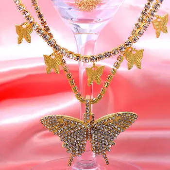 Caraquet Multi Layer Tenis Řetězce Crystal Velký Motýl Náhrdelníky pro Ženy Kouzlo Motýl náhrdelník Náhrdelník Drahokamu Šperky