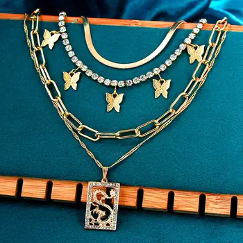 Caraquet Vícevrstvé Zlatý Had Řetěz Náhrdelník Náhrdelník Pro Ženy Krystal Tenis Řetězce, Motýl, Drak, Přívěsek Prohlášení Šperky