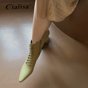 CIALISA Dámské Boty 2020 Nové Zimní Špičaté Toe Pravé Kůže Tlustý Podpatek Boty Módní Sexy Zip Žlutá Ženy Kotníkové Boty