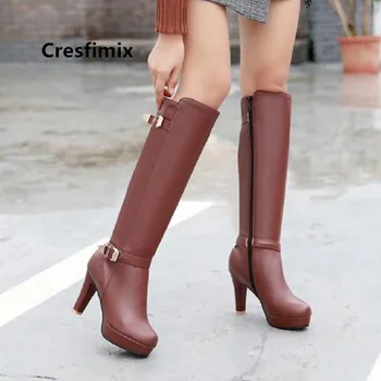 Cresfimix ženy módní hnědá plus velikosti 34 až 43 vysoké podpatky boty lady casual černé pu kožené podzimní boty bottes femmes a6025