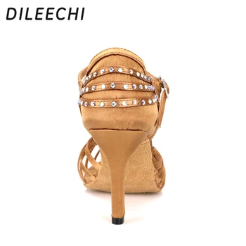 DILEECHI ženy Latin taneční boty Bronz černý satén diamond měkké dno vysokém podpatku 8,5 cm Salsa párty taneční sál taneční boty
