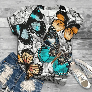 Dámské Letní Příležitostné T Košile Móda Butterfly Tisk Volné Trička Krátký Rukáv T-Košile, Streetwear Harajuku Topy Tričko Oblečení