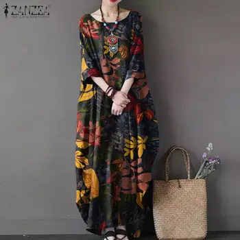 Dámské Podzimní Šaty 2021 ZANZEA Ležérní Dlouhý Rukáv Tištěné Vestidos Vintage Květinové Maxi Šaty, Ženy Volné šaty Plus Velikost