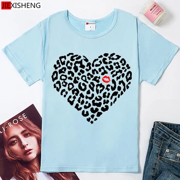 Dámské tričko Rtu Leopard Srdce vtipným Potiskem T-košile Letní Ležérní Bederní s Krátkým Rukávem Ženy, Oblečení HH1339