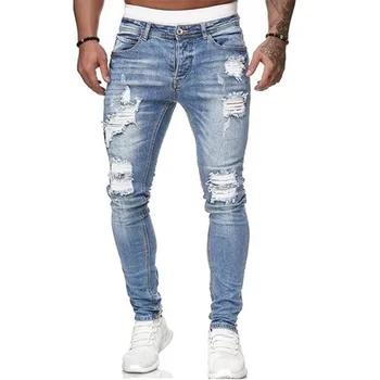 Džíny Muži Roztrhl Skinny Jeans Modrá Tužka Kalhoty Motocyklové Párty, Ležérní Kalhoty, Street Oblečení 2020 Denim Muž Clothin