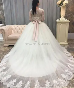 Elegantní Plesové Šaty Krajka Dlouhý Rukáv Princezna Svatební Šaty Roku 2020 Bílá Nášivka Dlouhé Šerpy Korzet Zpět Svatební Šaty Formální