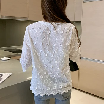 Erupce Rukáv Bílá Tričko Ženy Oblečení 2020 Květinové Výšivky V-Neck Šifon Halenka Letní Topy Korejský Módní Chemisier Femme