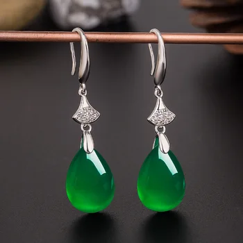 Etnické Vinobraní Stříbro 925 Šperky Přírodní Zelené Jade Drahokam Vody Drop Náušnice Pro Ženy Smaragdové Náušnice Strany Jemné Šperky