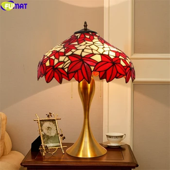 FUMAT Stolní Lampa Tiffany Styl Red Maple Leaf Stínidlo z Barevného Skla Stolní Světlo Colorfull Slitiny Základny Dekorativní Řemeslné Umění