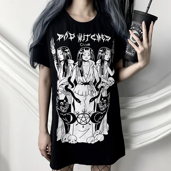 Gothic Styl Volné Pružnost Kolem Krku Tee 2020 Nové Ženy Módní Letní Krátký Rukáv Černé Bavlněné Tištěné T-shirt