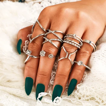 HuaTang 8ks Módní Stříbrná Barva Crystal Květinové Prsten pro Ženy Duté Geometrické Koleno Midi Prsteny, Šperky Anillos B0540
