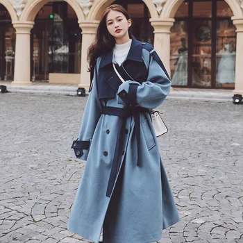 Kabát Ženy Plus Velikosti Dlouhé Vlněné 2020 Zimu Dvě Nové-Barva Šití Volné korejské Dvojí Breasted Zahušťování Ženy Bunda LS1