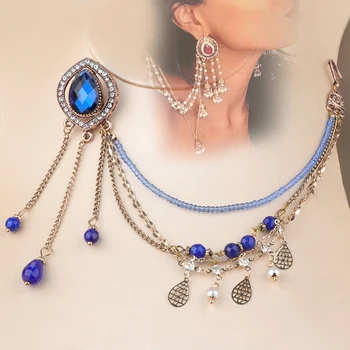 Kinel Indické Šperky Náušnice odkaz Čelenka Ženy Starožitné Zlaté Modrá Přírodní Kámen Střapcem Náušnice Vintage Svatební Doplňky