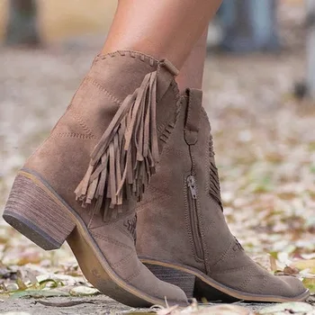 Klasický Střapec Západní Kovbojské Boty pro Ženy Kožené Cowgirl Boty Nízké Podpatky Boty Kolena Vysoké Zimní Boty Zapatos De Mujer